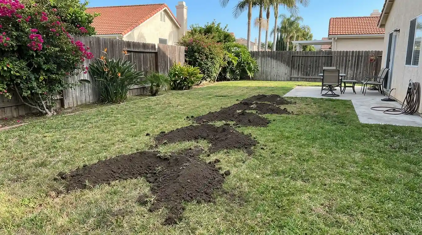 Row of fresh fan-shaped gopher mounds across a green lawn in a Los Angeles backyard, pestcontrolhuntingtonbeachca gopher feature