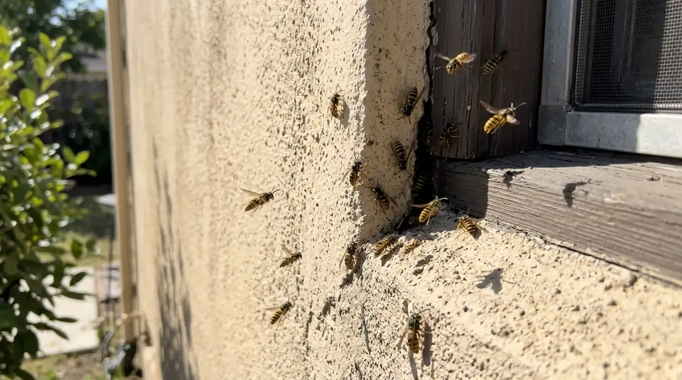 Yellowjackets flying in and out of a gap in the stucco wall of a Los Angeles house, pestcontrolhuntingtonbeachca wasp feature