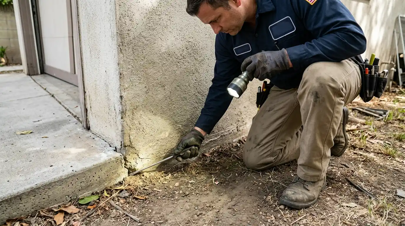 Inspector examining a garage slab edge and foundation line with a flashlight and probe in a Los Angeles home, pestcontrolhuntingtonbeachca termite inspection detail