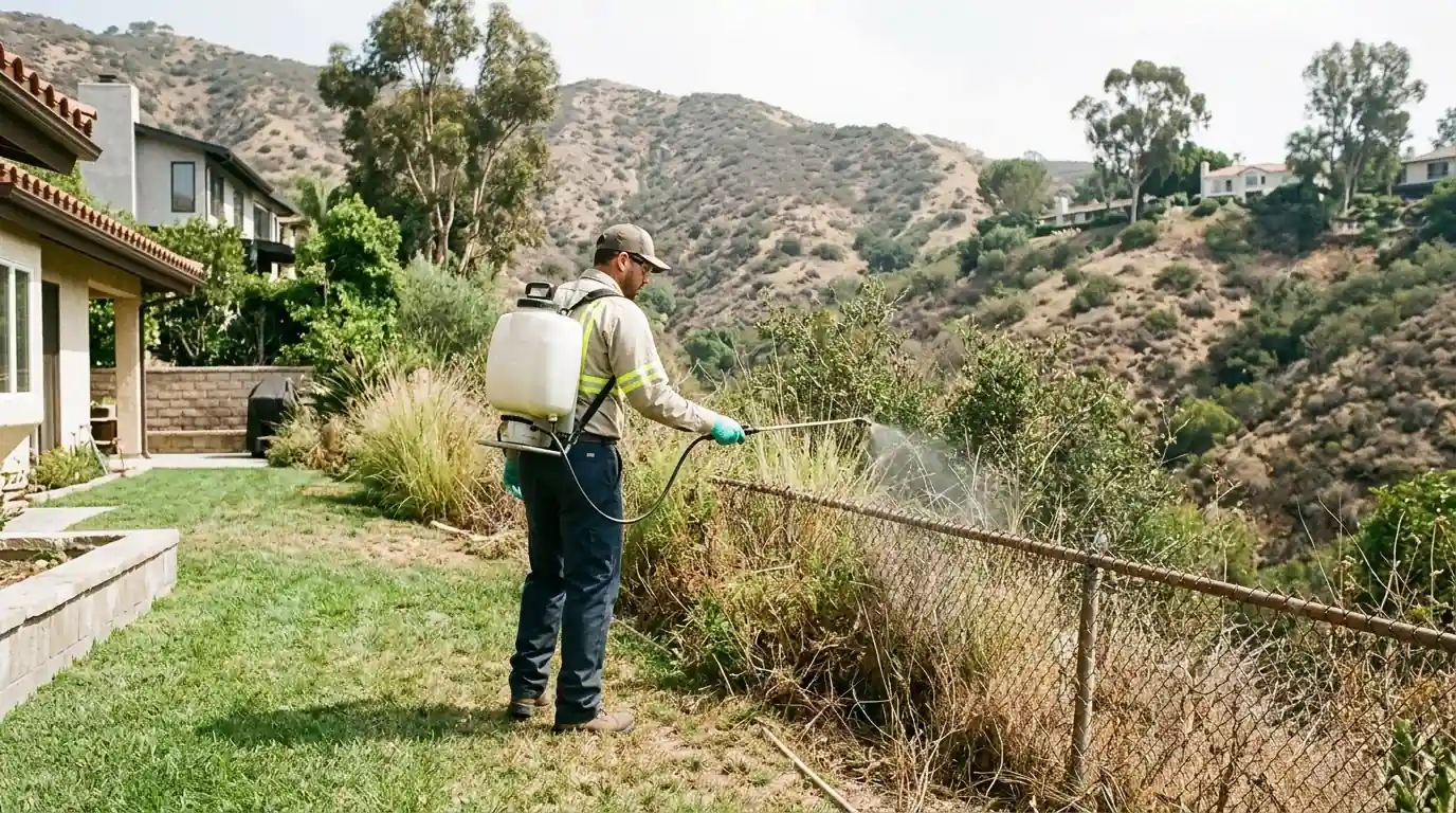 Technician treating the brushy edge where a lawn meets canyon chaparral behind a Los Angeles hillside home, pestcontrolhuntingtonbeachca tick detail