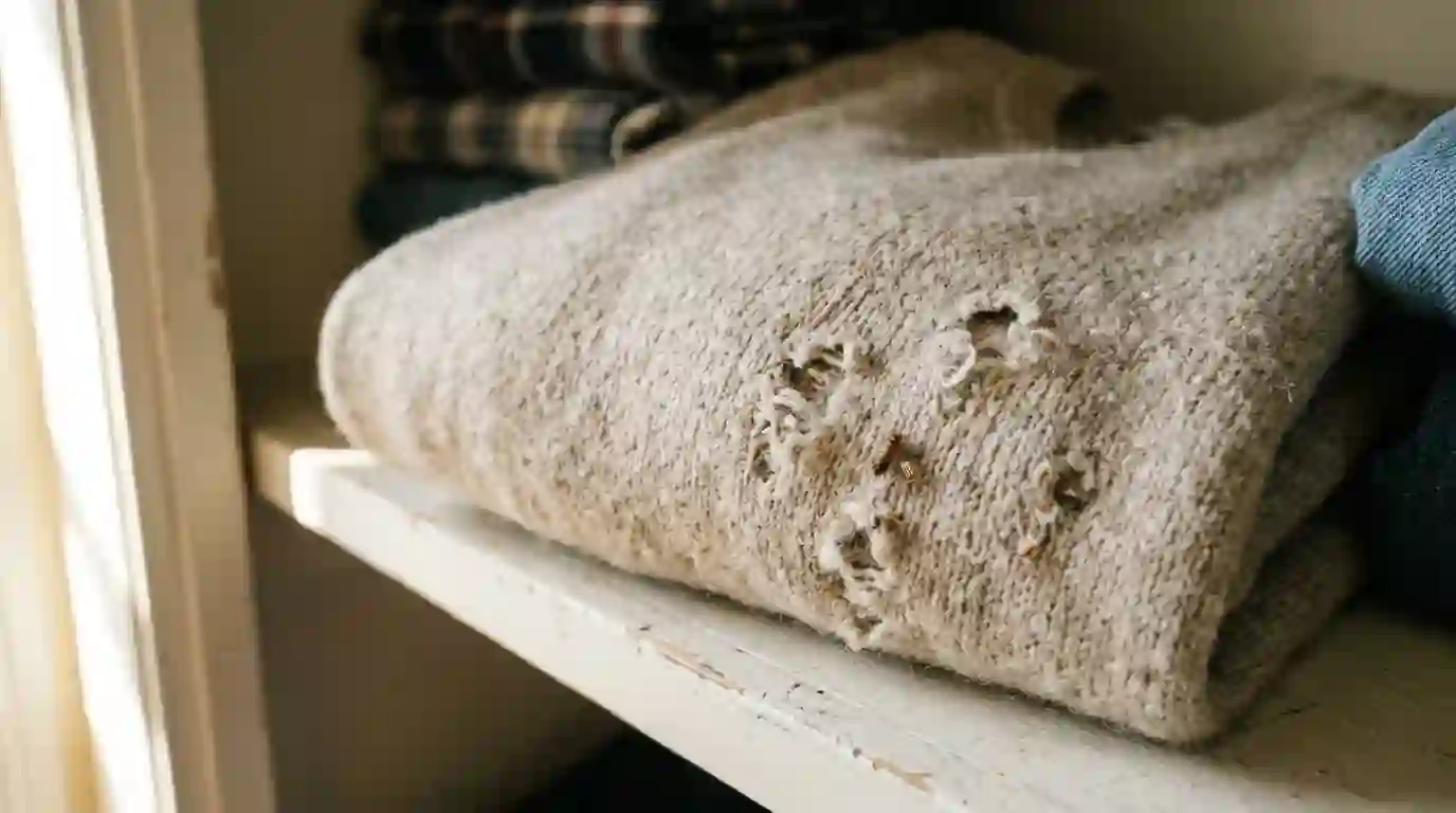Close-up of a wool sweater with small irregular holes laid on a closet shelf in a Los Angeles home, pestcontrolhuntingtonbeachca carpet beetle feature