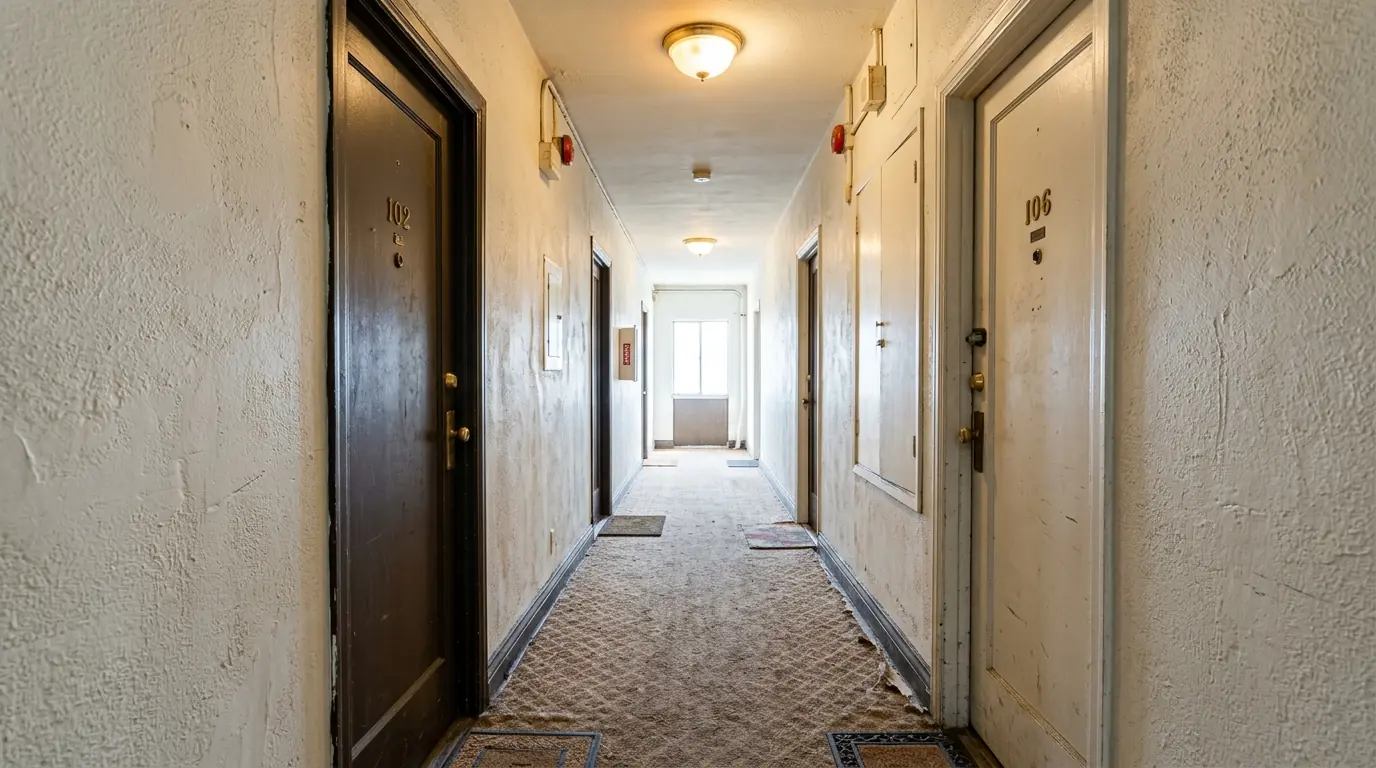 Hallway of an older Los Angeles apartment building with doors to several units, pestcontrolhuntingtonbeachca bed bug guide feature
