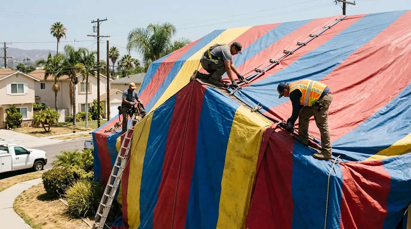 Crew securing fumigation tent seams on the roofline of a Los Angeles house at midday, pestcontrolhuntingtonbeachca fumigation feature