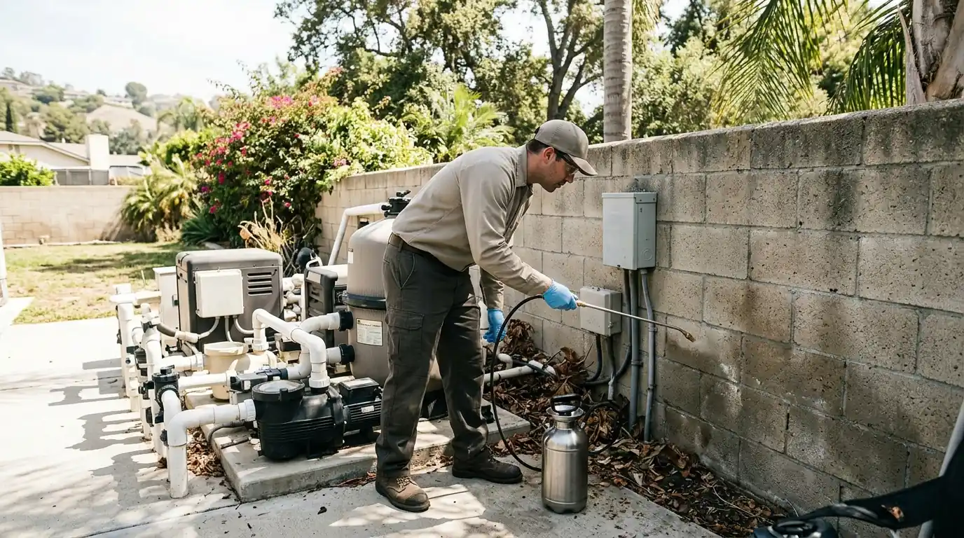 Technician treating a pool equipment pad and block wall in a Woodland Hills backyard in Los Angeles, pestcontrolhuntingtonbeachca Woodland Hills detail