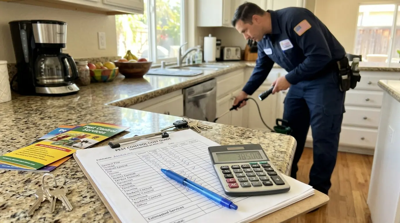 Pest control invoice and calculator on a kitchen counter in a Los Angeles home with a technician in the background, pestcontrolhuntingtonbeachca cost guide feature