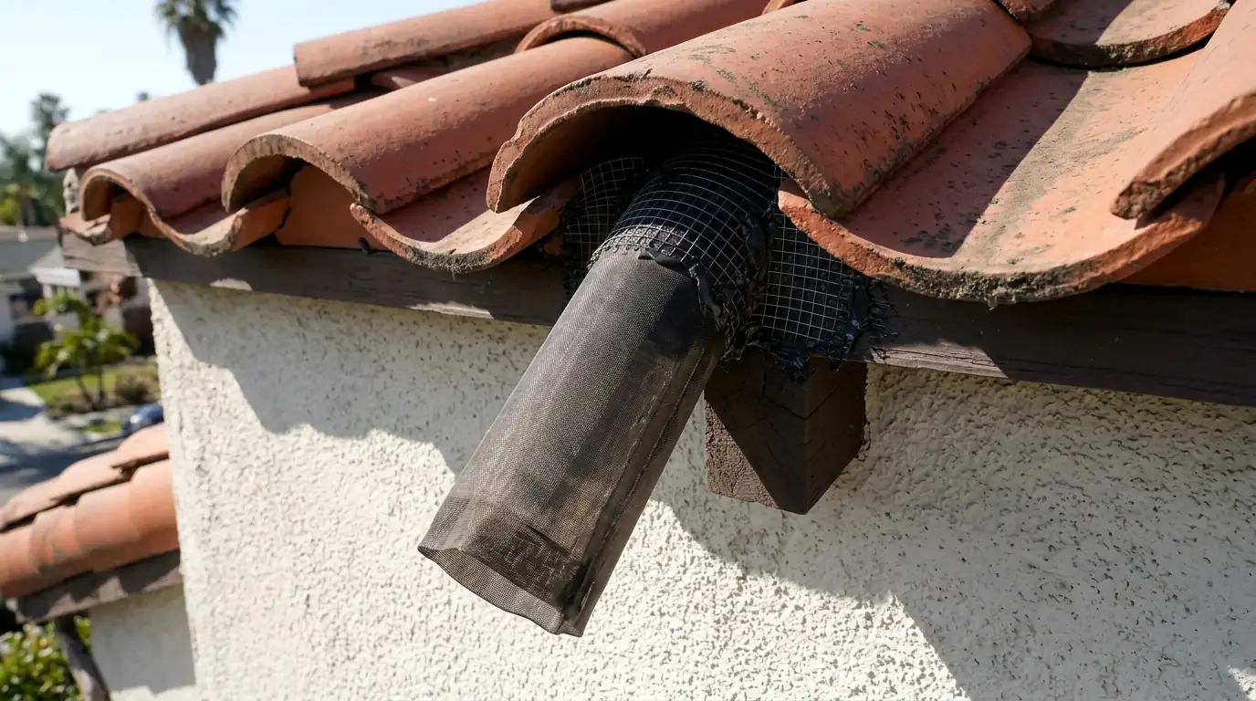 One-way bat exclusion tube fitted at a gap under clay roof tiles on a Los Angeles home, pestcontrolhuntingtonbeachca bat detail