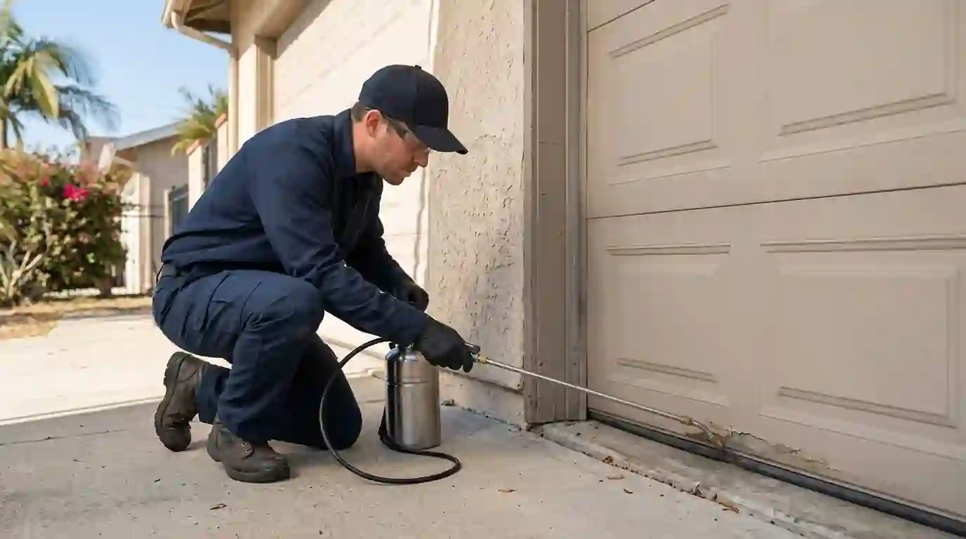 Technician treating the threshold and bottom edge of a garage door at a Los Angeles home, pestcontrolhuntingtonbeachca cricket detail