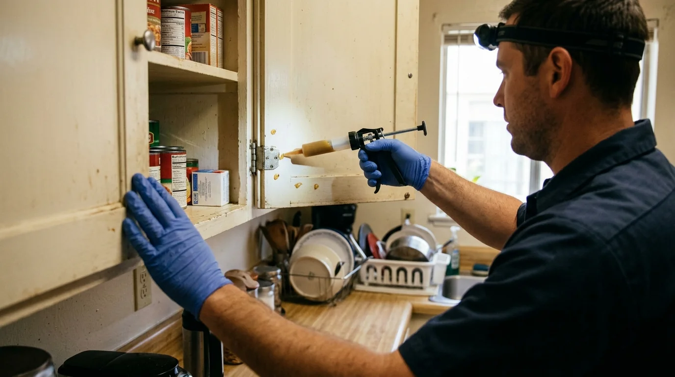 Technician applying gel bait dabs along the hinge line inside a kitchen cabinet in a Los Angeles apartment, pestcontrolhuntingtonbeachca german roach detail