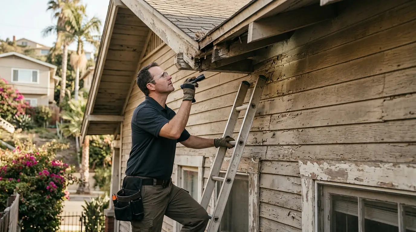 Technician inspecting the wooden eaves of an older San Pedro home for drywood termite pellets, pestcontrolhuntingtonbeachca San Pedro detail