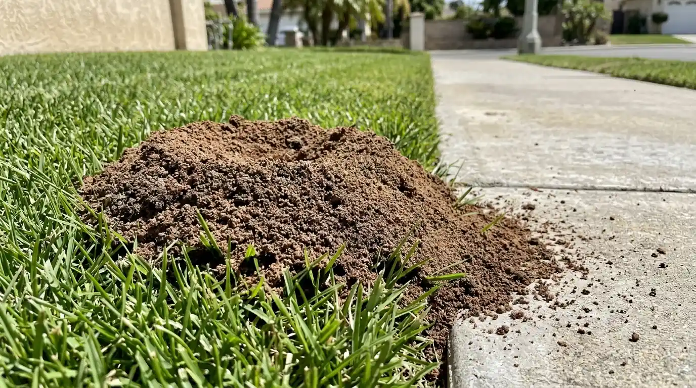Fluffy fire ant mound in sunny irrigated turf beside a sidewalk in Orange County, pestcontrolhuntingtonbeachca fire ant detail