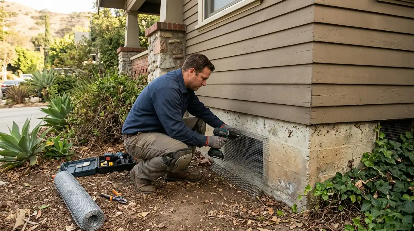 Technician screening a crawl space vent on a raised-floor craftsman home in Eagle Rock Los Angeles, pestcontrolhuntingtonbeachca Eagle Rock detail