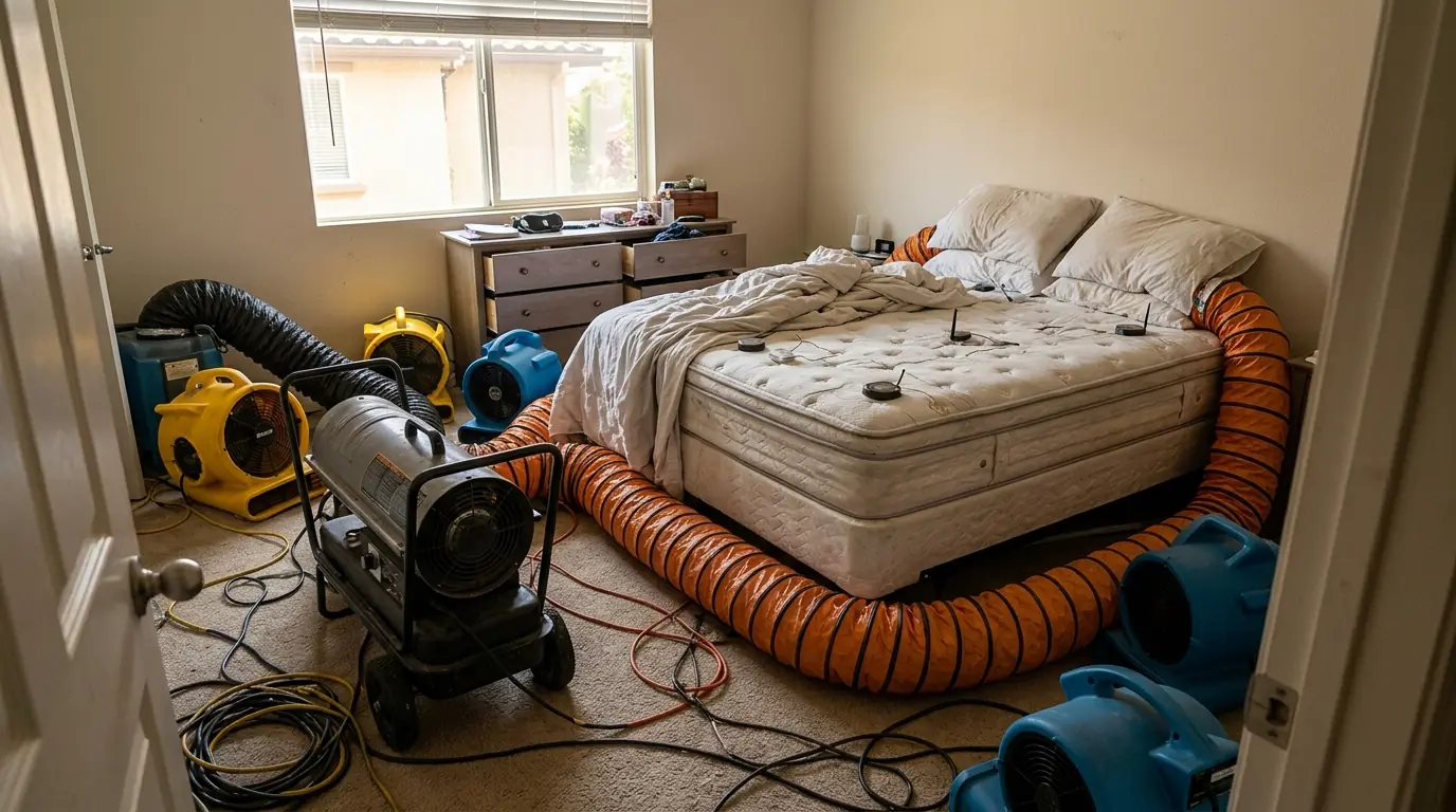 Industrial heaters and air movers staged in a Los Angeles bedroom with wireless temperature sensors visible on the bed, pestcontrolhuntingtonbeachca heat treatment detail